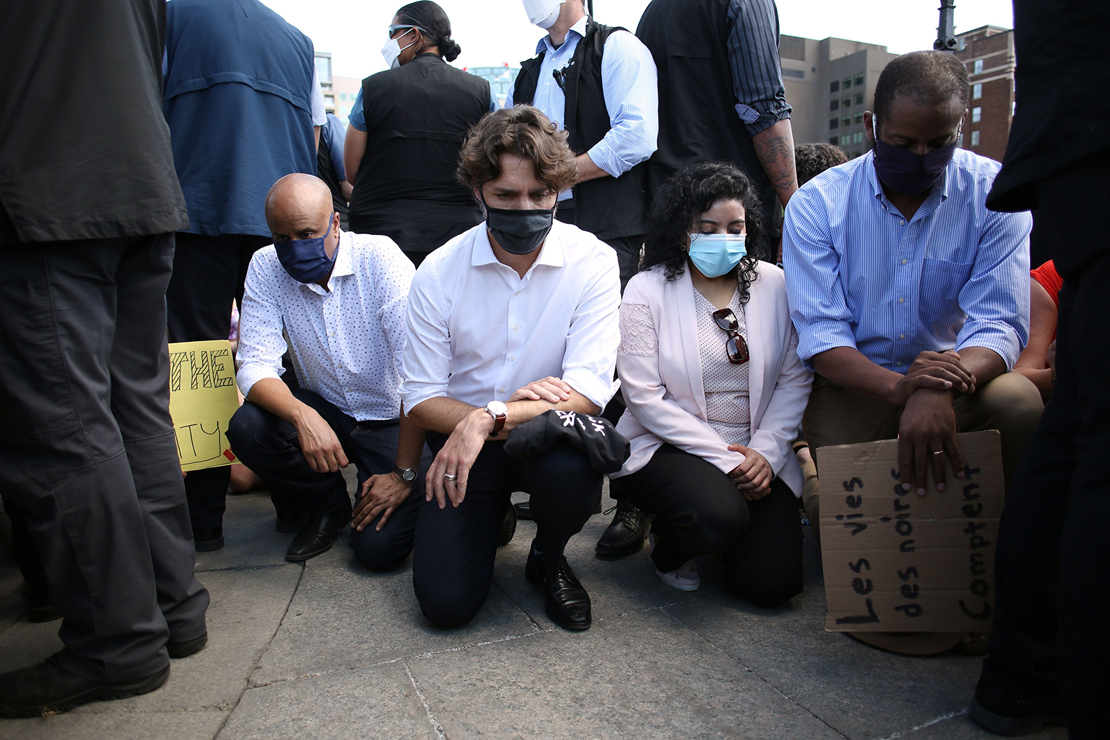 Canadian Prime Minister Justin Trudeau knelt on June 5 at the Black Life Issue protest at Parliament Hill in Ottawa, Canada.