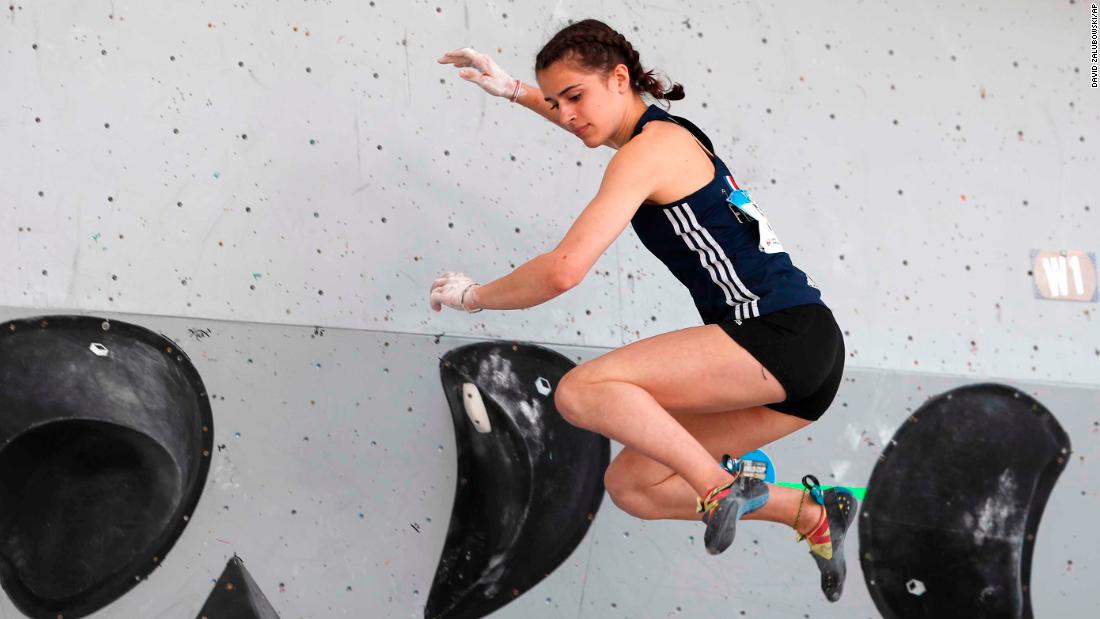 Luce Douady of France competes during the womens bouldering final competition of the International Federation of Sport Climbing World Cup Saturday, June 8, 2019, in Vail, Colo. (AP Photo/David Zalubowski)