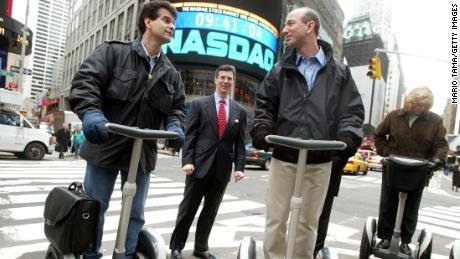 Segway inventor Dean Kamen drives a Segway with Jeff Bezos in 2002 in New York.