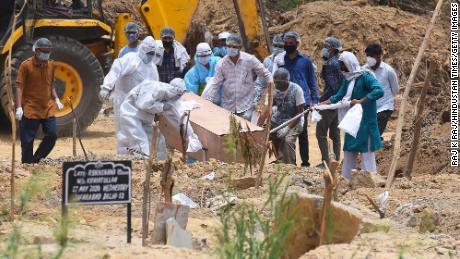 A person who died from Covid-19 was buried in the Jadid Kabristan Ahle Islamic cemetery on June 19 in New Delhi, India.  