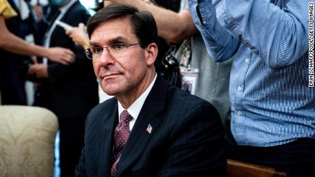 US Defense Minister Mark Esper attended a meeting with Polish President Andrzej Duda and US President Donald Trump at the White House Oval Office in Washington DC on June 24, 2020. 