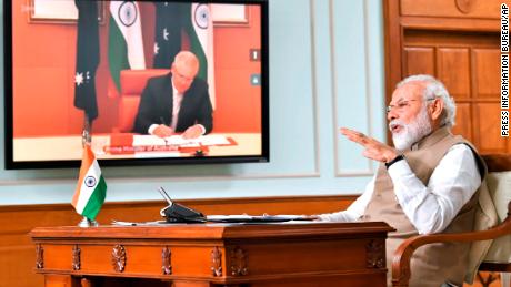 Indian Prime Minister Narendra Modi speaks at a virtual meeting with Australian Prime Minister Scott Morrison, in New Delhi, India on Thursday, June 4, 2020. 