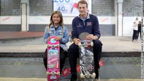 Brown (left) and Laureus Academy Member Tony Hawk poses during the Laureus Best Skateboarding Sport Visit before the 2020 Laureus World Sports Awards.