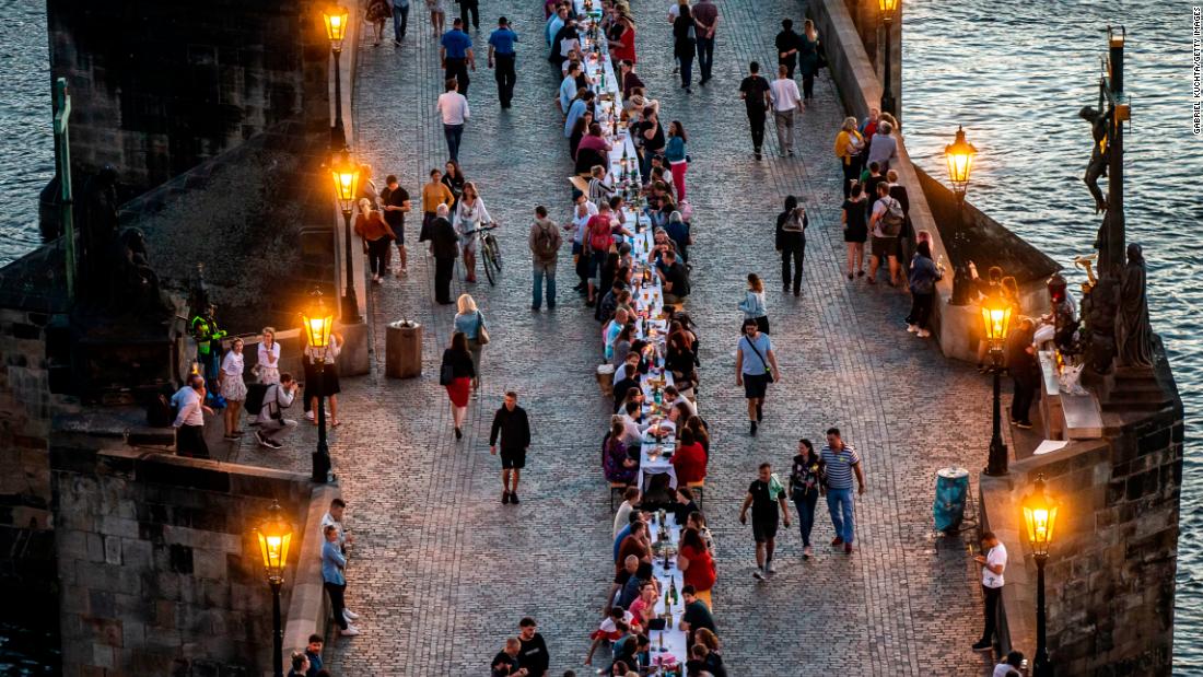 Prague celebrates end of coronavirus crash with table dinner party at 1600-meter table