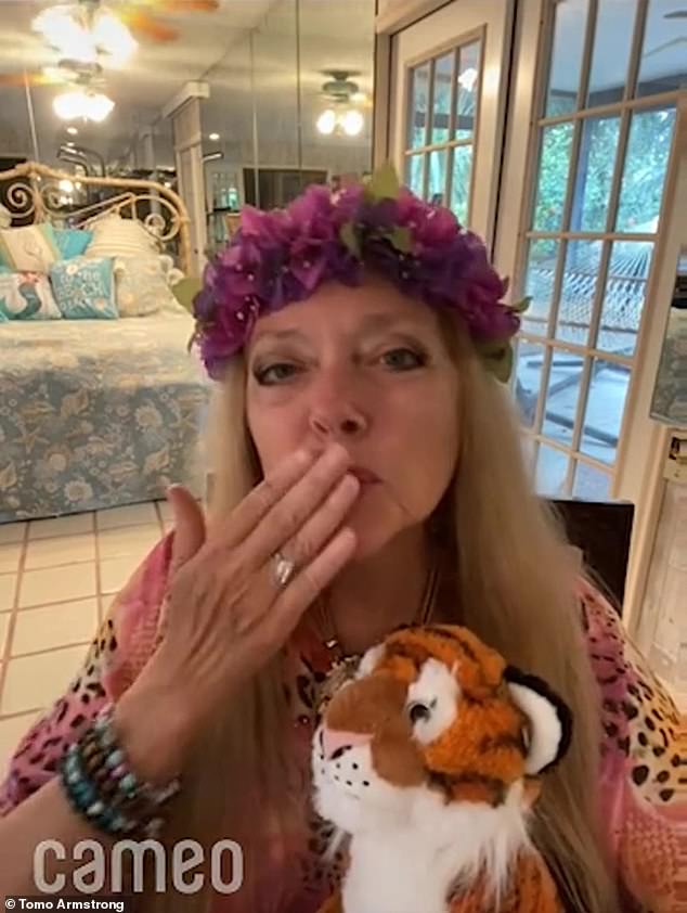 Tiger King star Carole Baskin (pictured) has been tricked into sending a fake birthday message to paedophile Rolf Harris and mentioning his 'best friend' Jimmy Savile