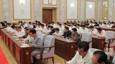 North Korean leader Kim Jong Un was spotted in this photo presented by KCNA at the Thursday meeting. Authorities don't seem to wear masks or social distances.