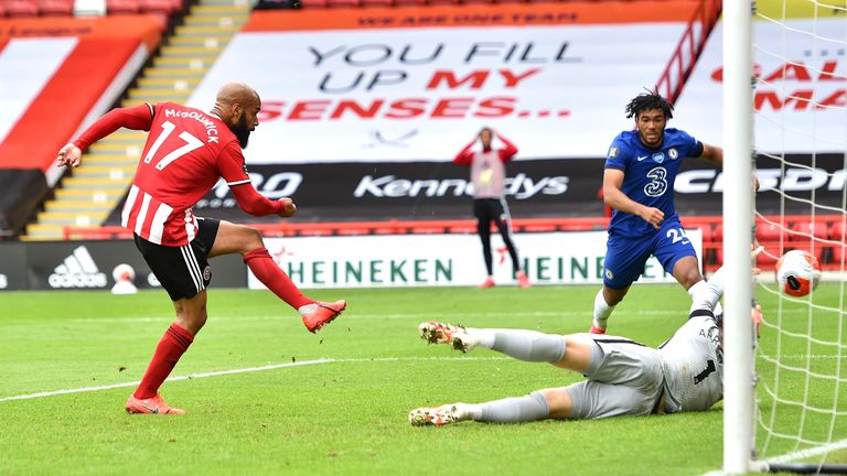 David McGoldrick scores Sheffield United's first goal against Chelsea