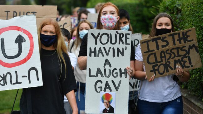 Students from Codsall Community High School march to the constituency office of their local MP Gavin Williamson, who is also the Education Secretary, as a protest over the continuing issues of last week's A level results which saw some candidates receive lower-than-expected grades after their exams were cancelled as a result of coronavirus