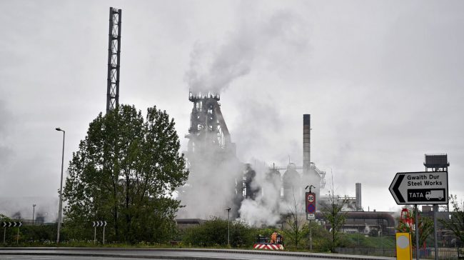 The Tata Steel steel plant is pictured in Port Talbot, south Wales on April 26, 2019, following an incident at the site early today. - An explosion at the Tata steelworks in south Wales left two people slightly injured, police said Friday. The authorities said numerous calls were received overnight reporting an "explosion" at the Port Talbot site. (Photo by Ben STANSALL / AFP) (Photo by BEN STANSALL/AFP via Getty Images)