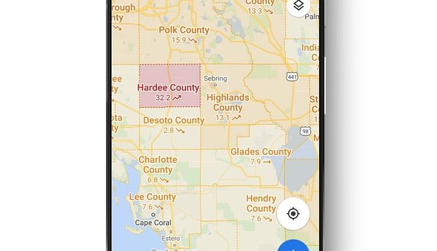 A new level on Google Maps allows users to see details of COVID-19 outbreaks in a specific area, such as the Florida Heartland (seen here).  The seven-day average is presented and the number of infections is trending up or down with a label