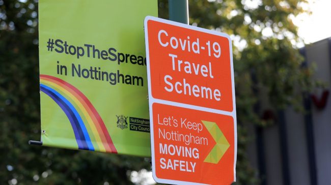 A Stop the Spread sign in Nottingham. Health officials are expecting the city to be placed in lockdown after a surge in Covid-19 cases.