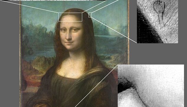 French researchers used a high-resolution camera that could capture light beyond the visible spectrum to study the masterpiece in unprecedented detail.  Illustrated: Slavero dots and hidden details below the Mona Lisa using a high-resolution, multiseptral camera to pick up unconscious marks with the so-called 'layer widening method' or LAM